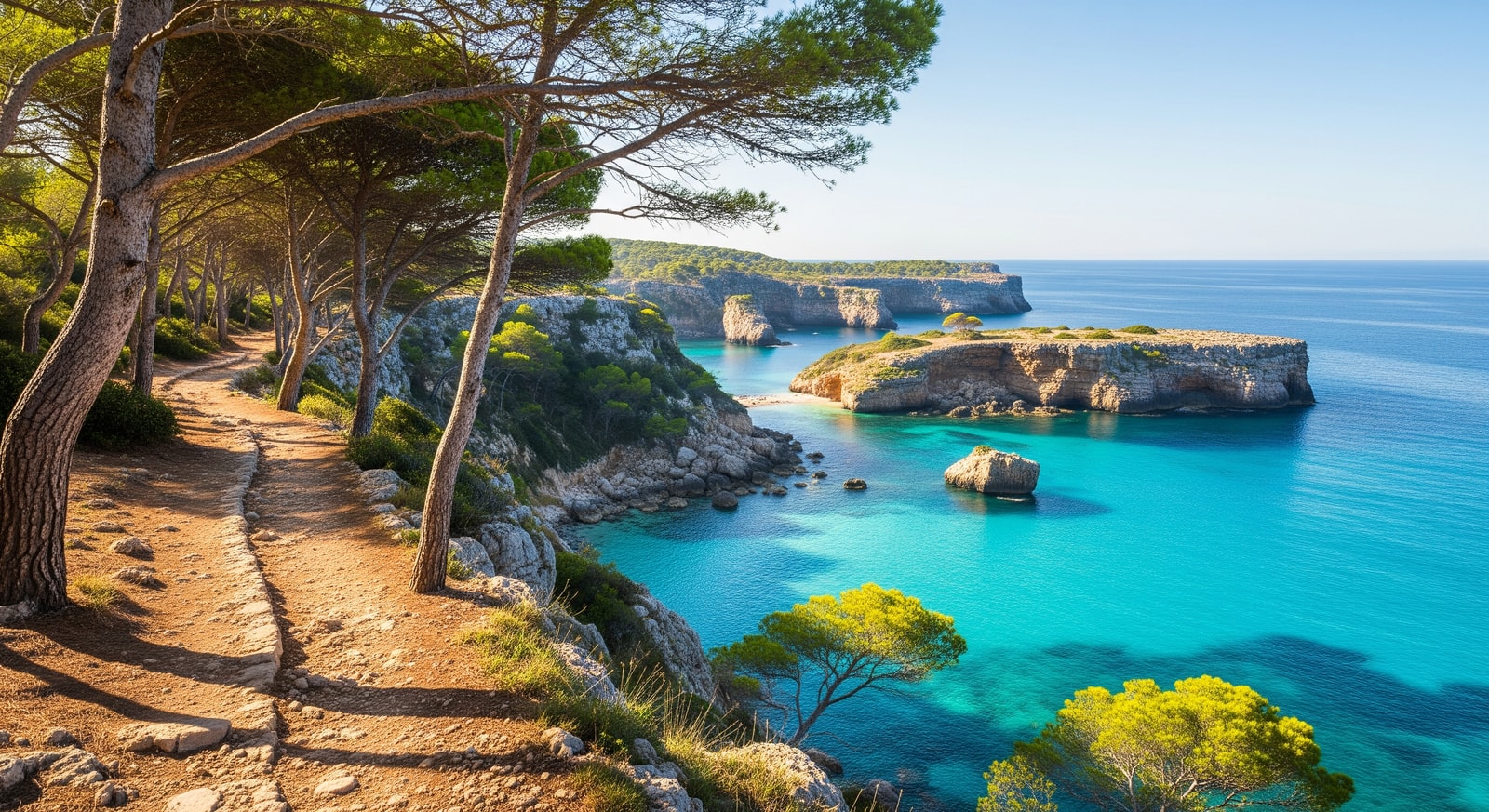 Menorca coastline showing turquoise coves, pine forests and the Camí de Cavalls trail