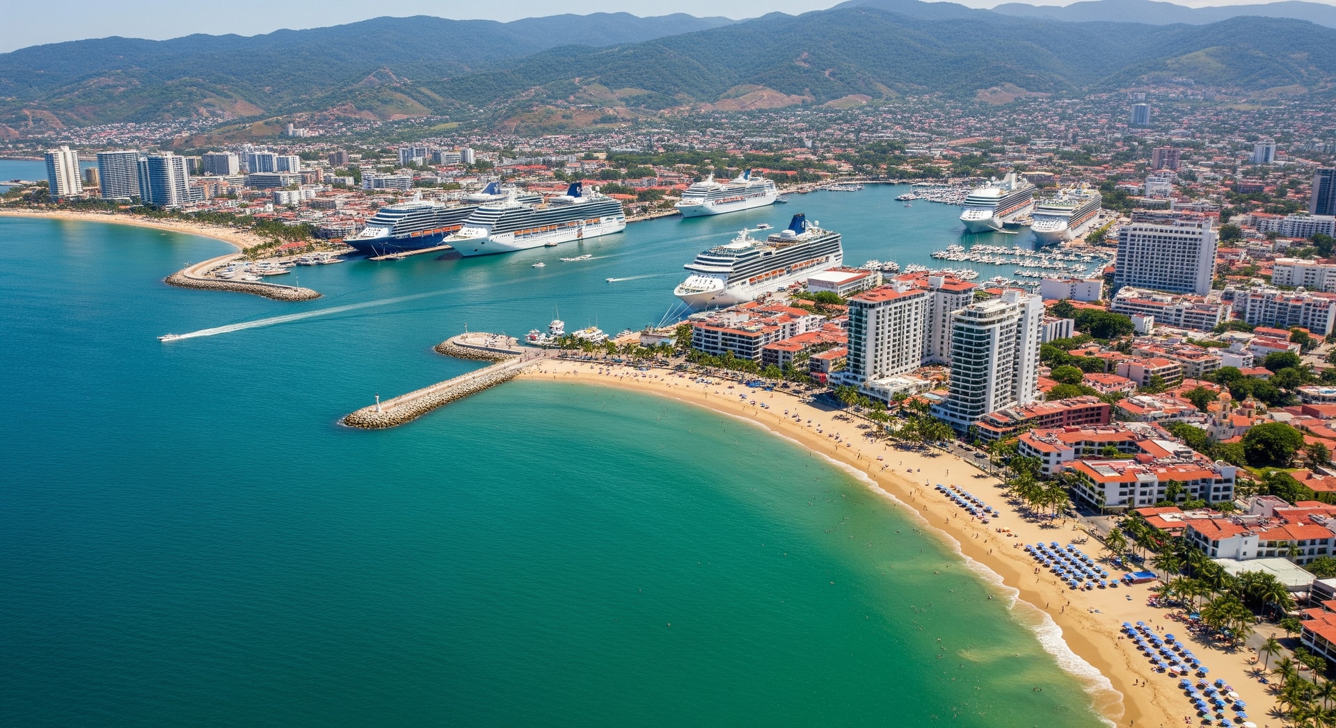 Aerial view of Puerto Vallarta harbor with cruise ships and beaches