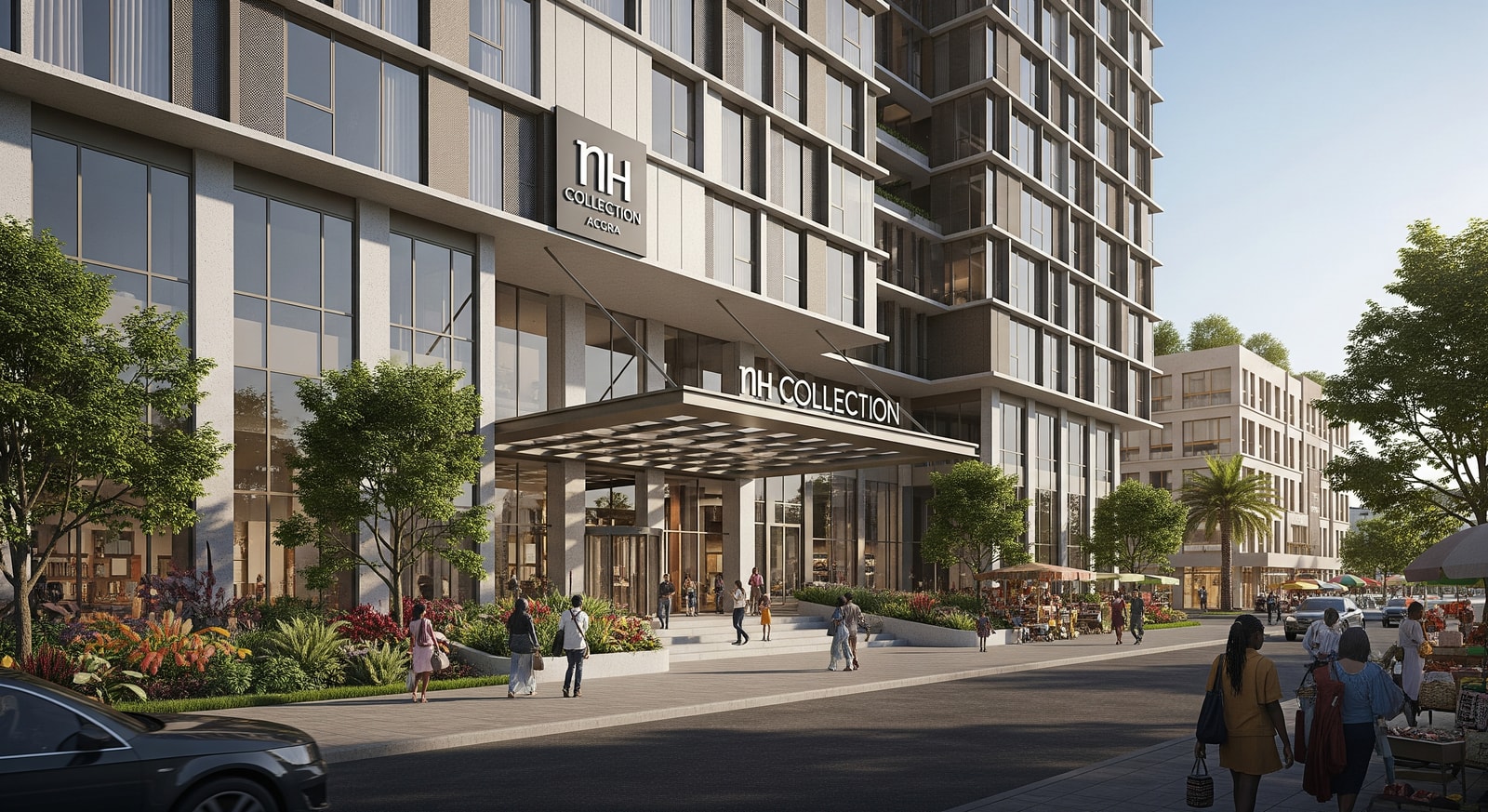 Architectural rendering of NH Collection Accra in central Accra, Ghana showing mixed-use development and hotel entrance