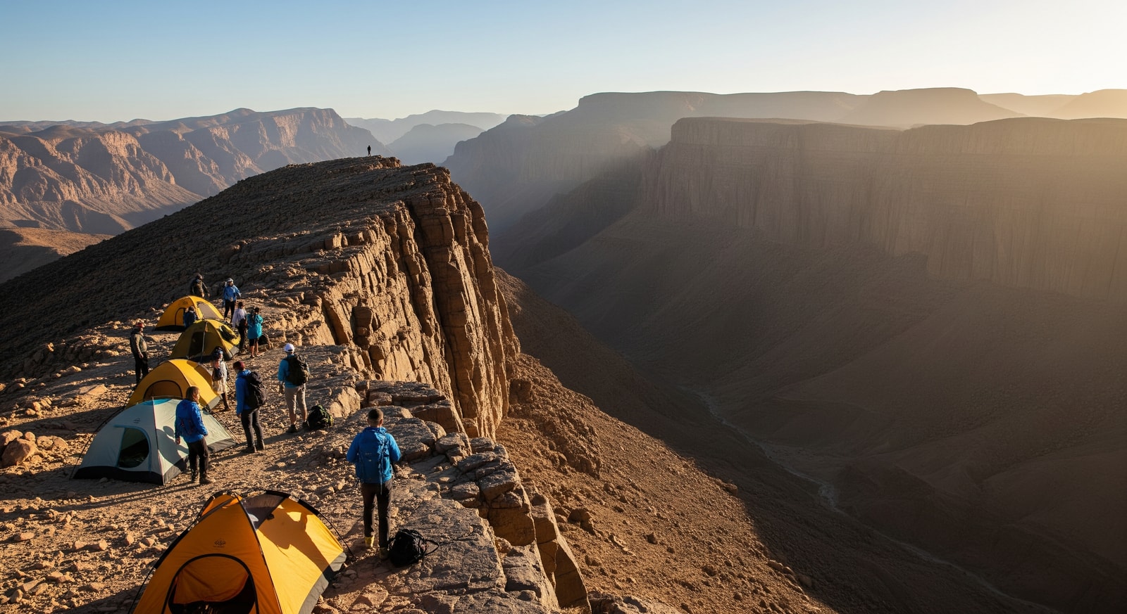Participants camping and hiking on Jabal Shams with views over Wadi Ghul, Oman