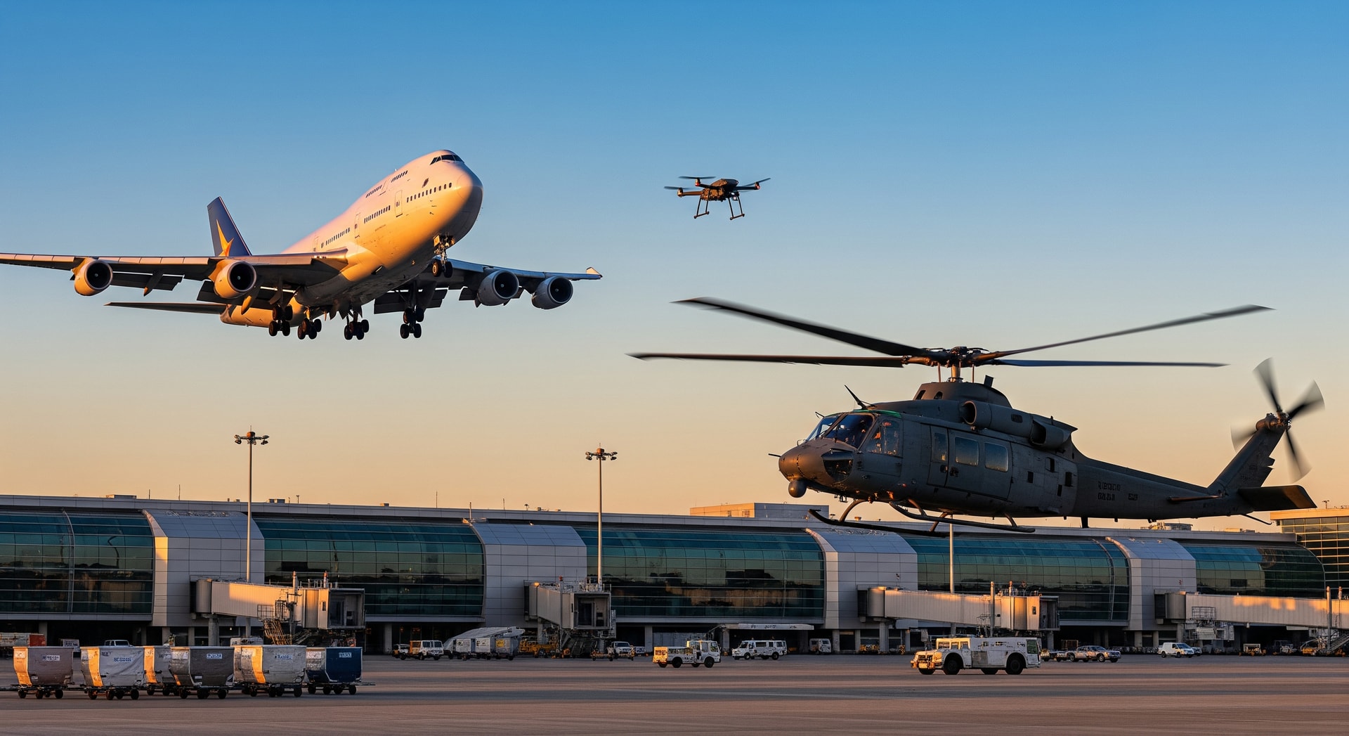 Commercial airliners, military helicopters and drones operating near a congested airport terminal