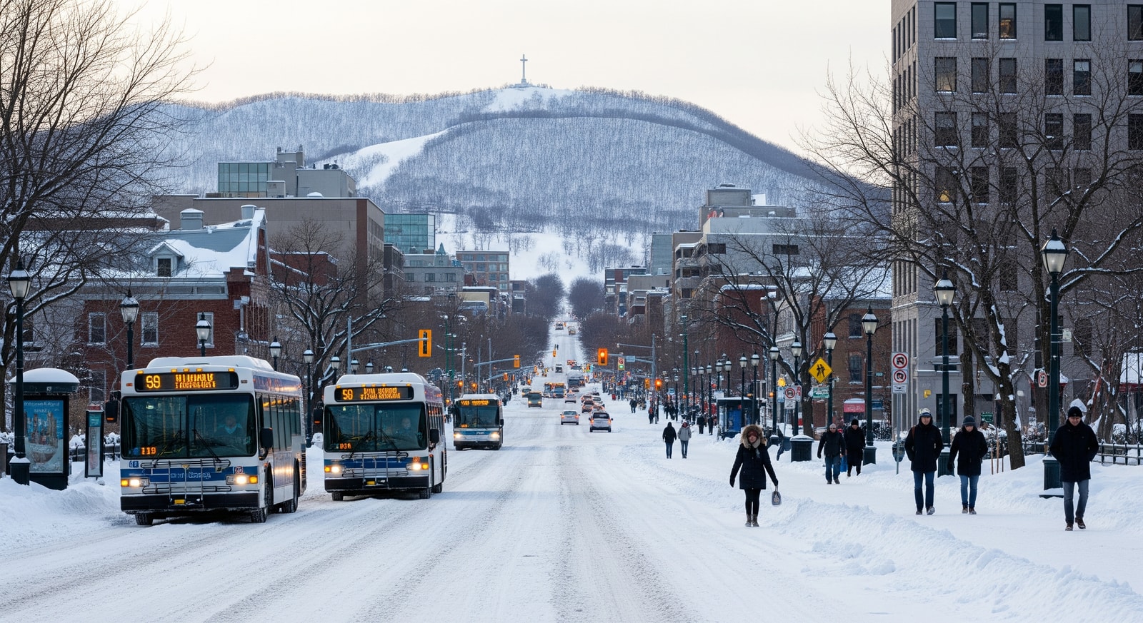 Snow-covered street near Mount Royal with buses and pedestrians navigating winter conditions in Montreal