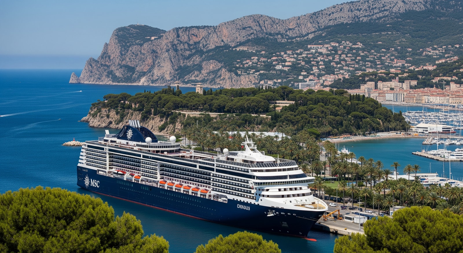 MSC Cruises ship docked with tropical island and Mediterranean coastline in the background