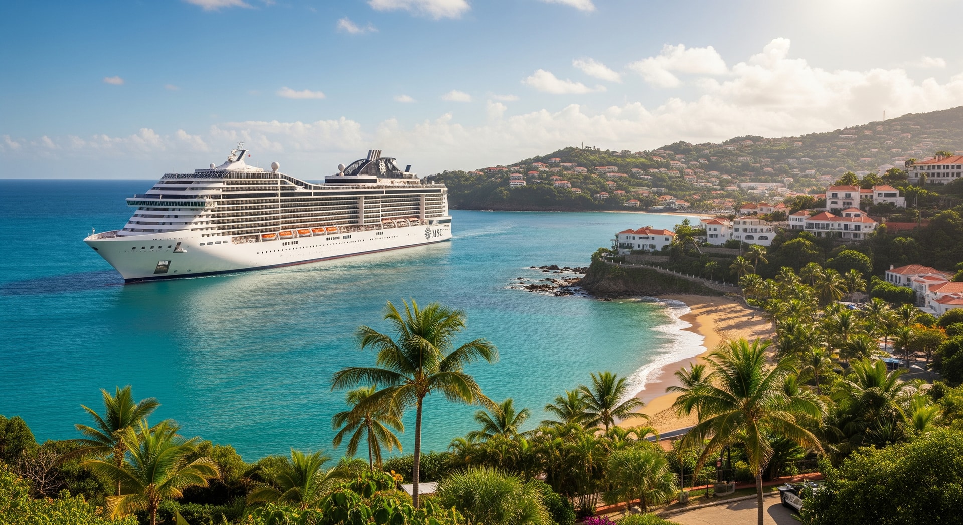 MSC Cruises ship sailing along a sunlit coastline representing Caribbean and Mediterranean itineraries