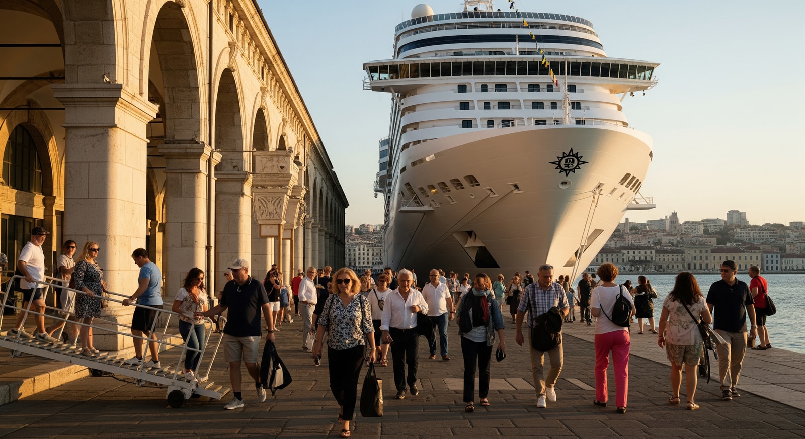 MSC cruise ship arriving in a European port with passengers disembarking to explore the city