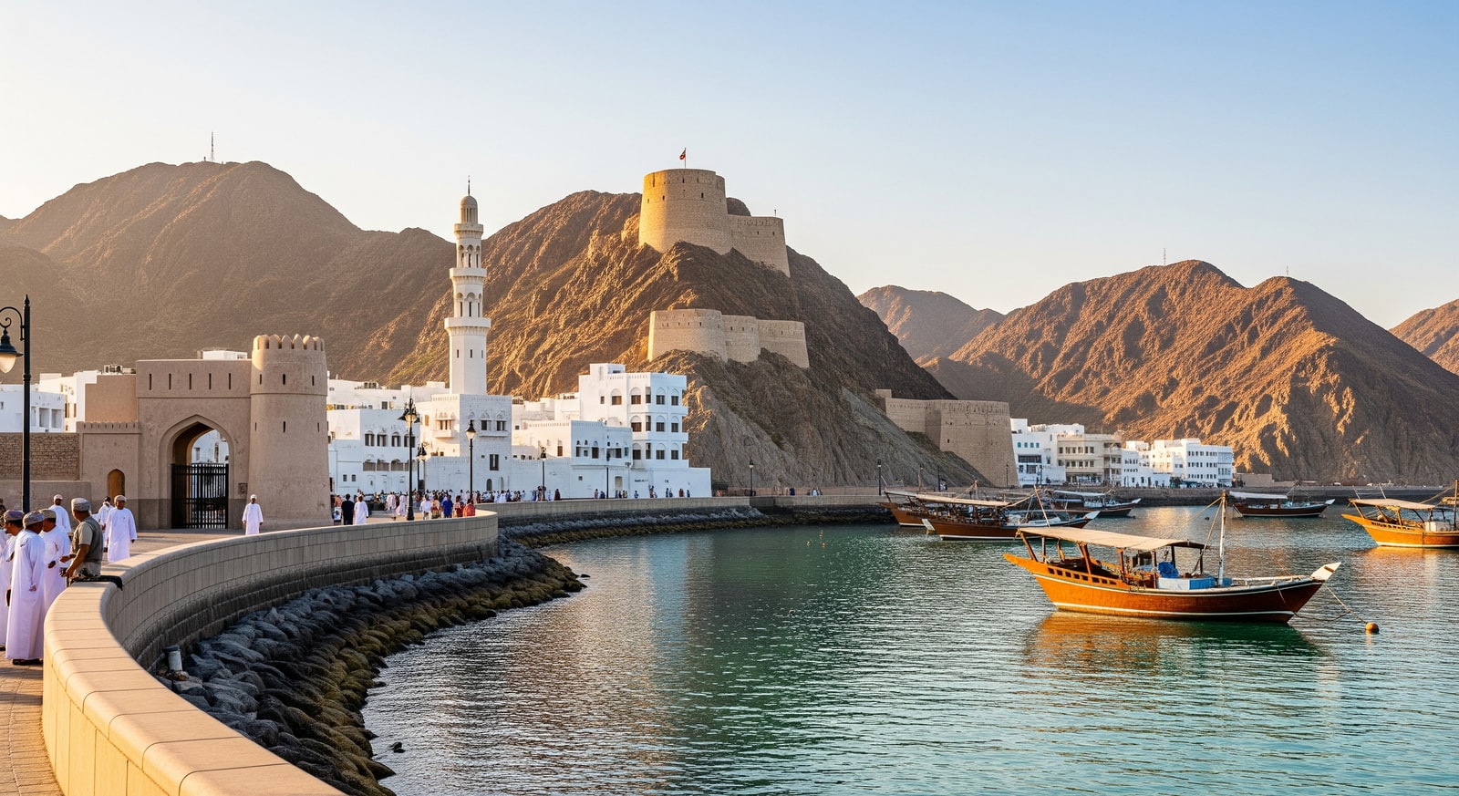 Muttrah waterfront in Muscat with historic forts and mountains, showcasing cultural and natural attractions