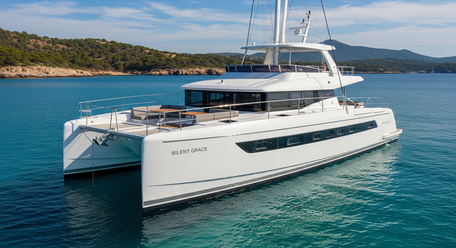 Silent Grace electric catamaran at anchor offering quiet, zero-emission cruising in Mediterranean waters
