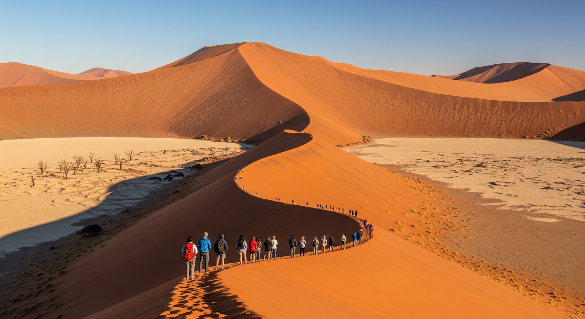 Visitors exploring Namibia's Sossusvlei dunes, showcasing Namibia tourism and sustainable travel