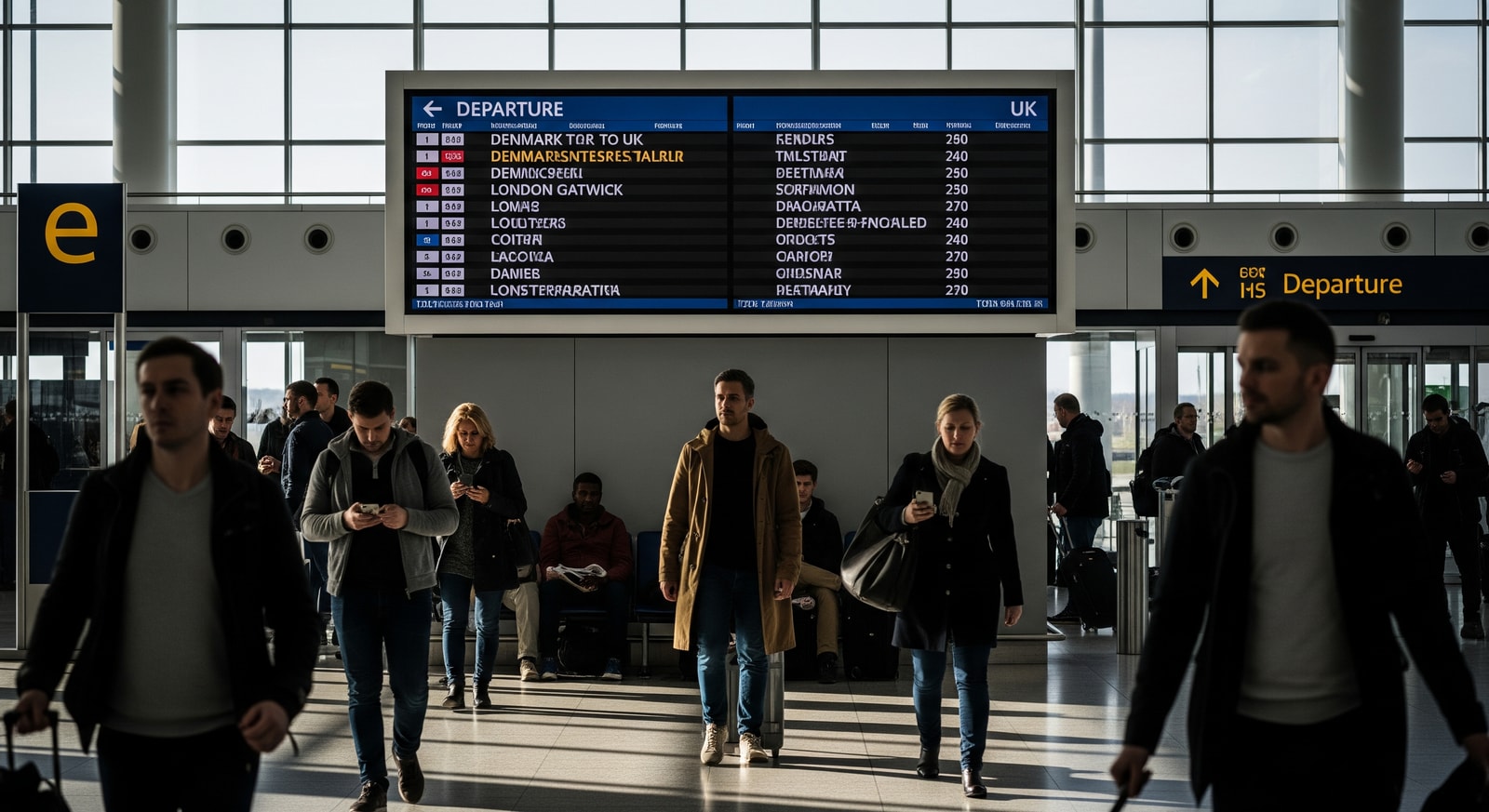 View of an airport departure board and travelers in a terminal, illustrating Denmark–UK air connectivity via London Gatwick