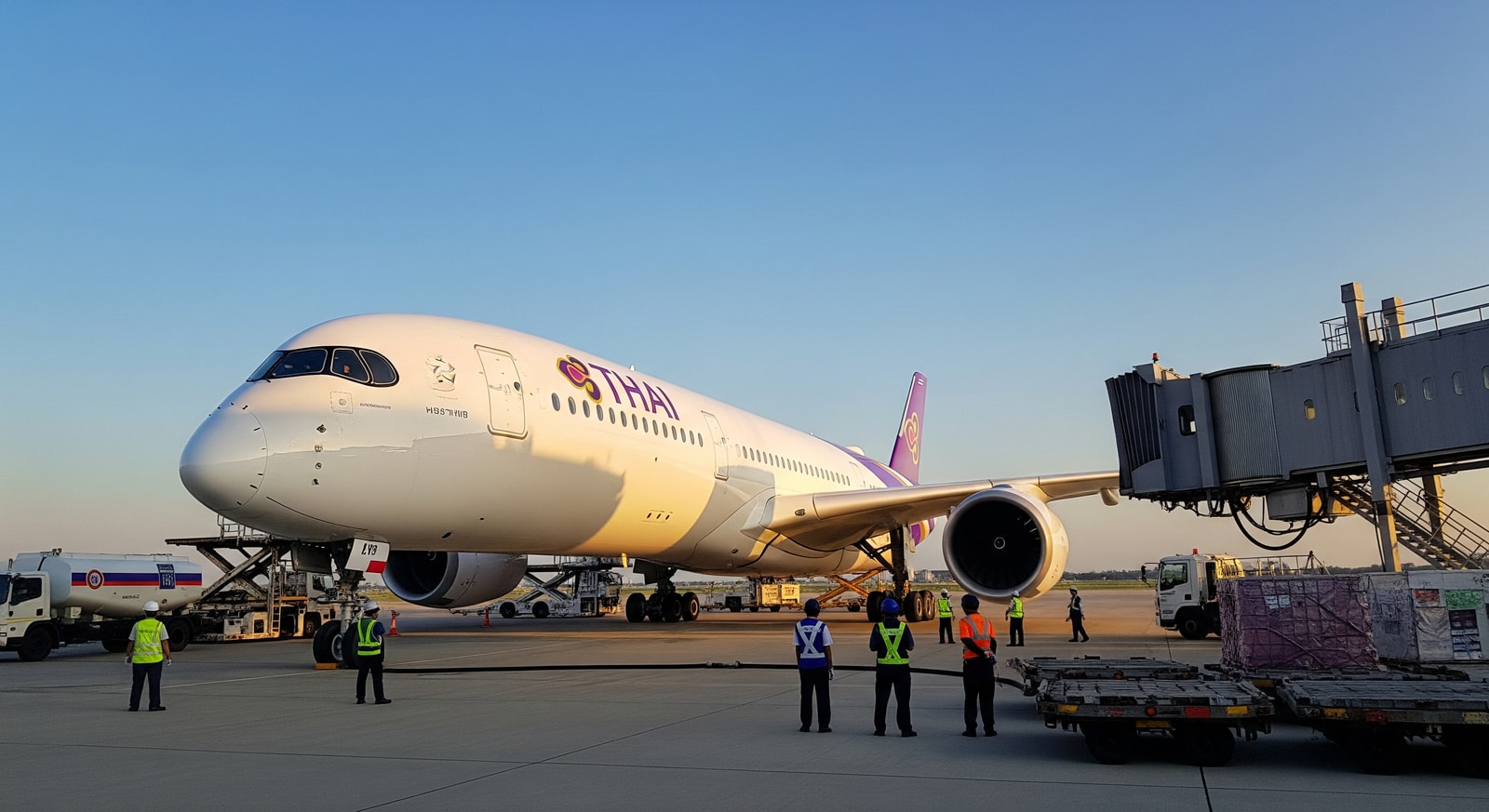 Thai Airways Airbus A350-900 preparing for long-haul flight between Bangkok and Amsterdam