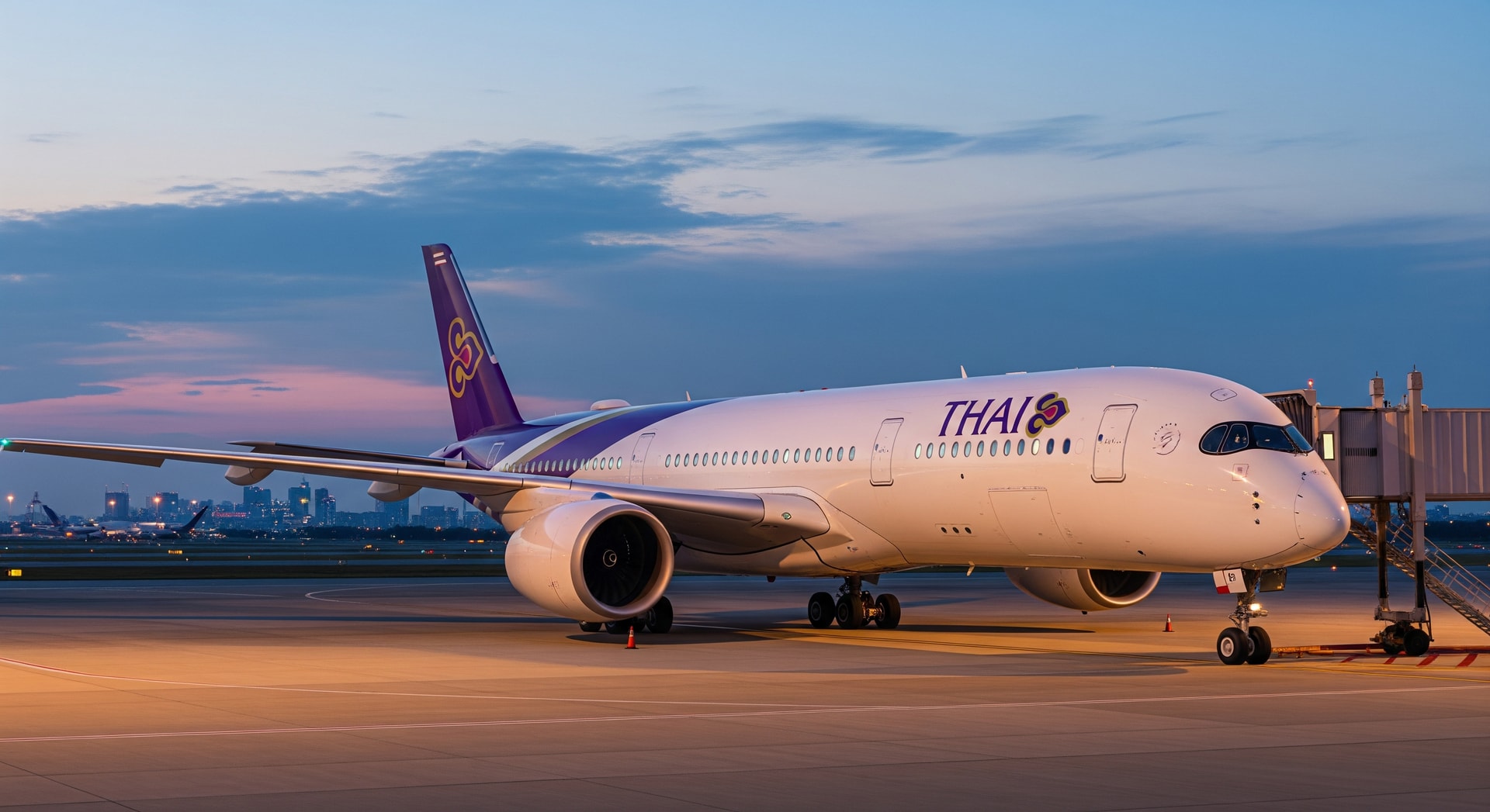 Thai Airways Airbus A350-900 parked at an international airport - Bangkok to Amsterdam route