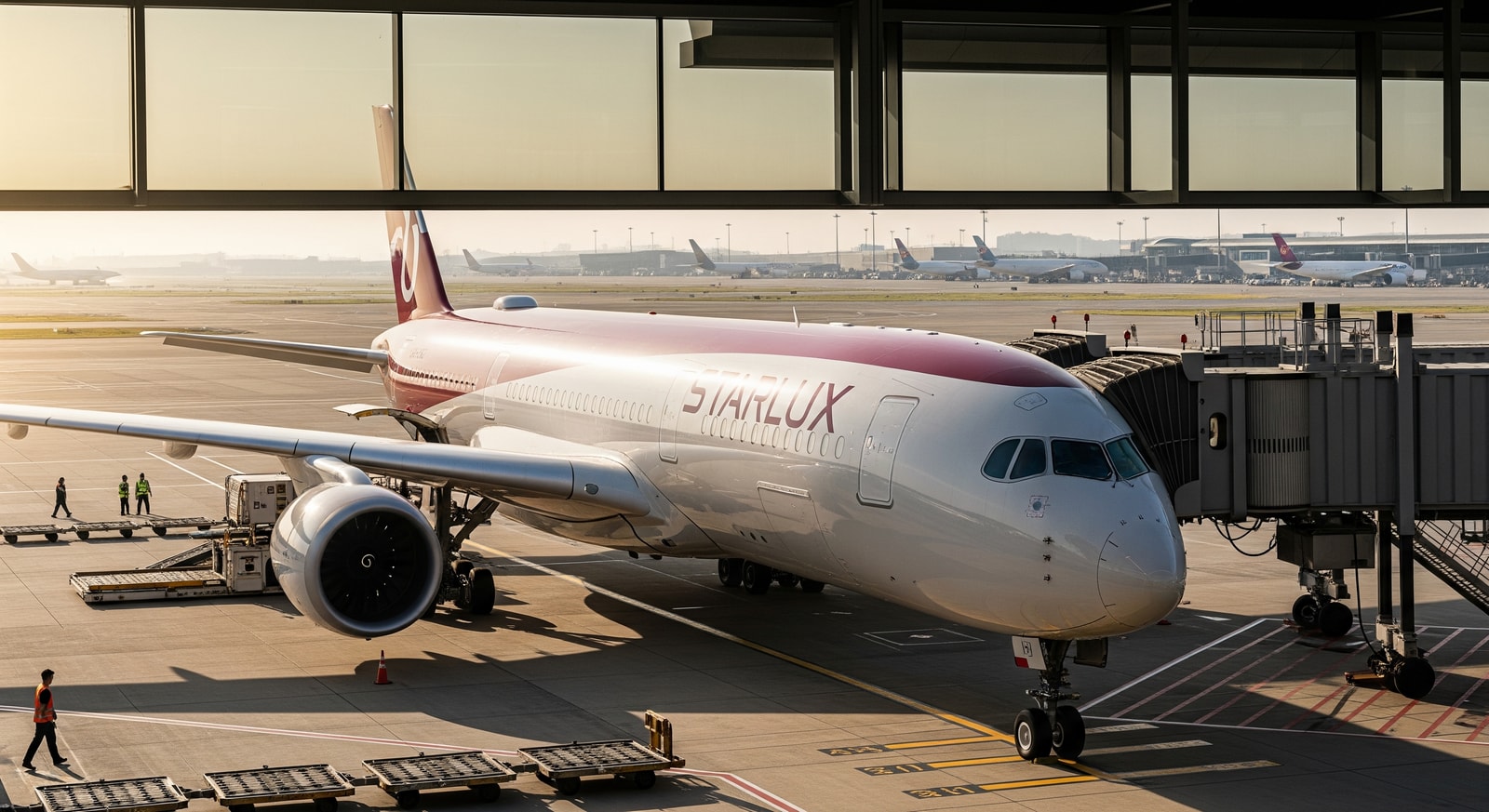 Starlux A350 at an airport gate illustrating the Taipei to Prague direct flight