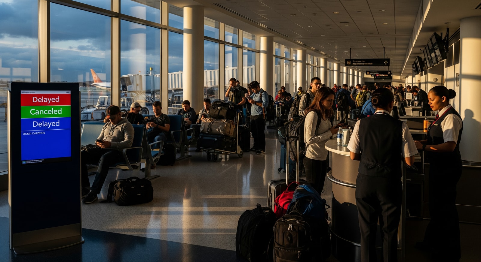 Busy gate area at Newark Liberty International Airport during flight disruptions