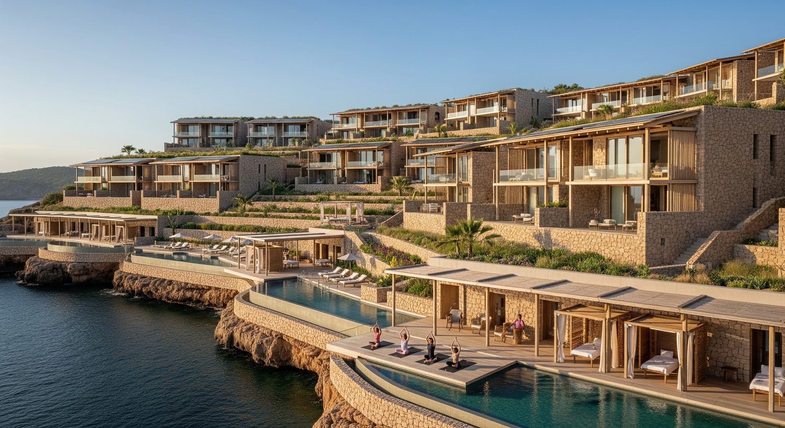 Illustrative resort-style architecture on Ibiza’s coastline, reflecting sustainable design and wellness tourism in Portinatx