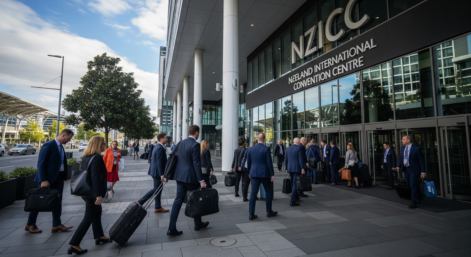 Delegates arriving at the New Zealand International Convention Centre, illustrating increased travel to Auckland