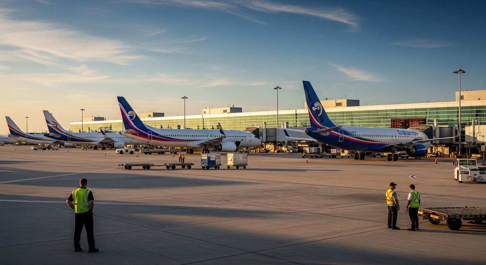 Aircraft at Orlando International Airport apron with terminal activity, illustrating flight disruptions