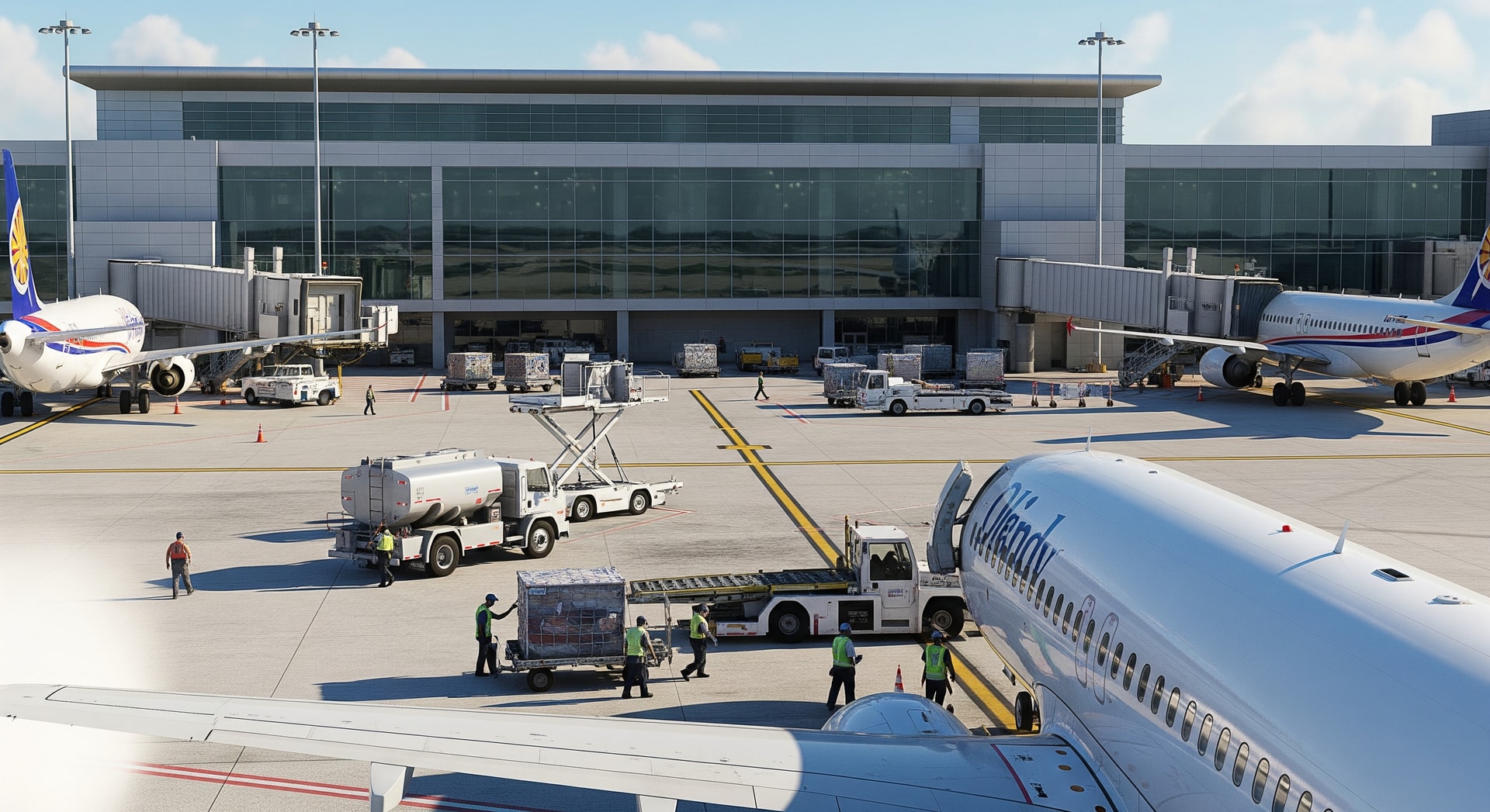 Terminal and aircraft at Orlando International Airport with activity on the tarmac