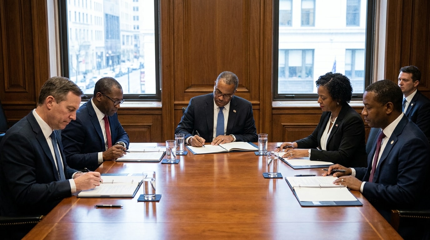 Officials seated at a conference table during a diplomatic signing ceremony
