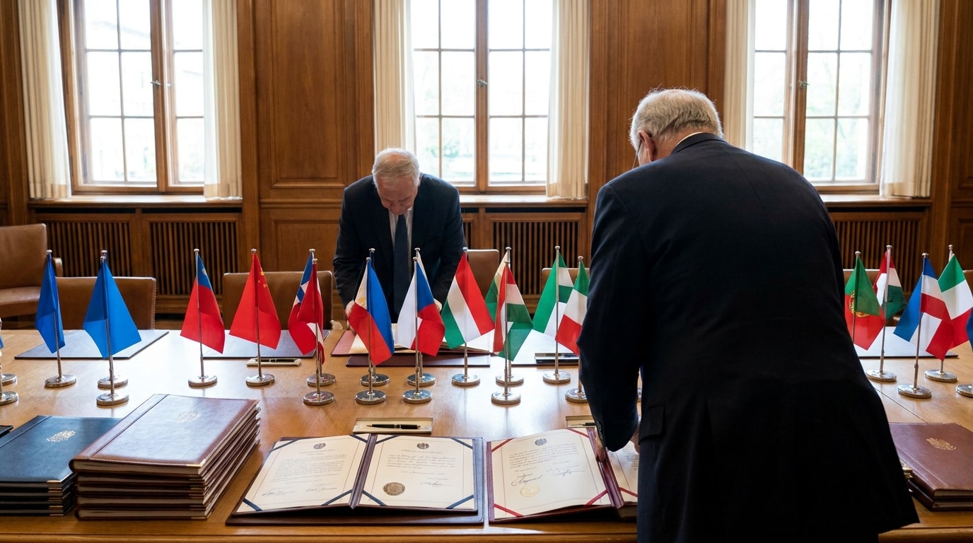 Diplomatic meeting room with national flags and signed documents on a conference table