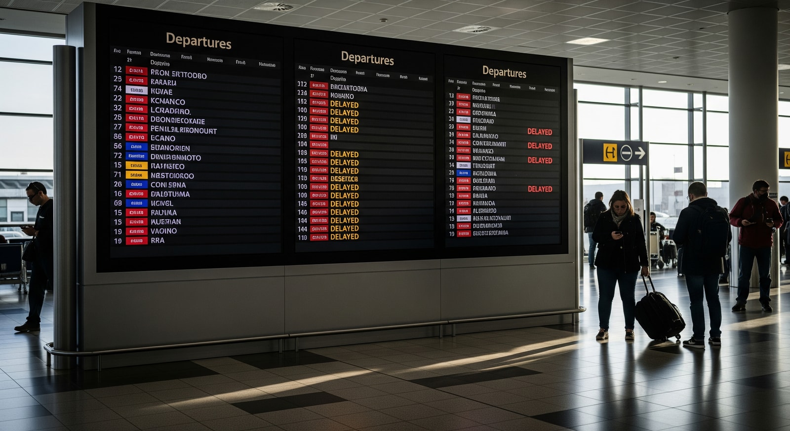 Departures board showing delayed flights at a major Italian airport amid disruptions