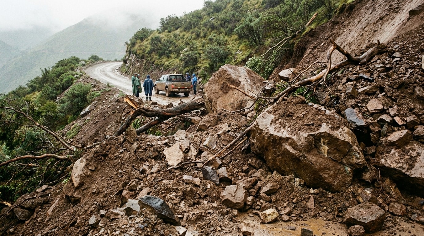 Muddy debris and boulders covering a mountain road after heavy rain in southern Peru