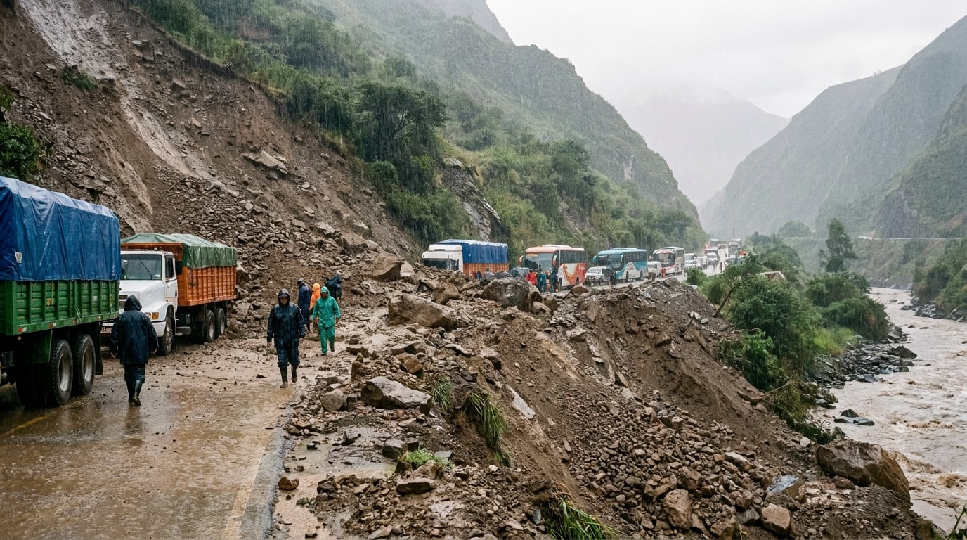 A rain-soaked mountain highway in southern Peru covered by mud and fallen rocks