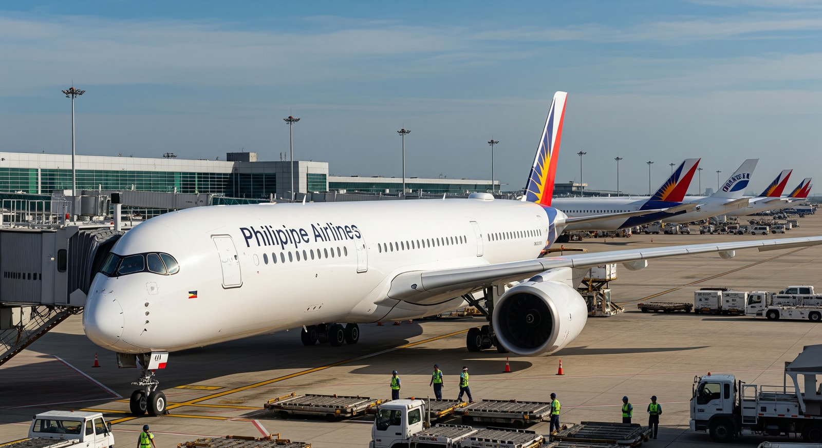 A Philippine Airlines plane preparing for boarding at an international airport
