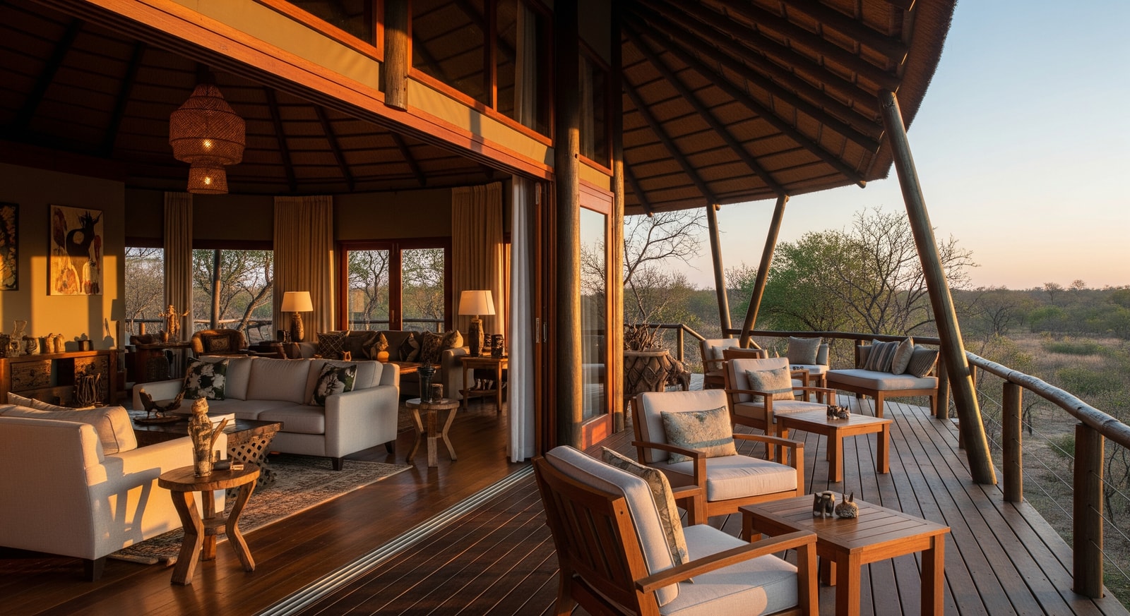 Refurbished safari lodge lounge and outdoor seating at &Beyond Phinda Zuka Lodge in South Africa
