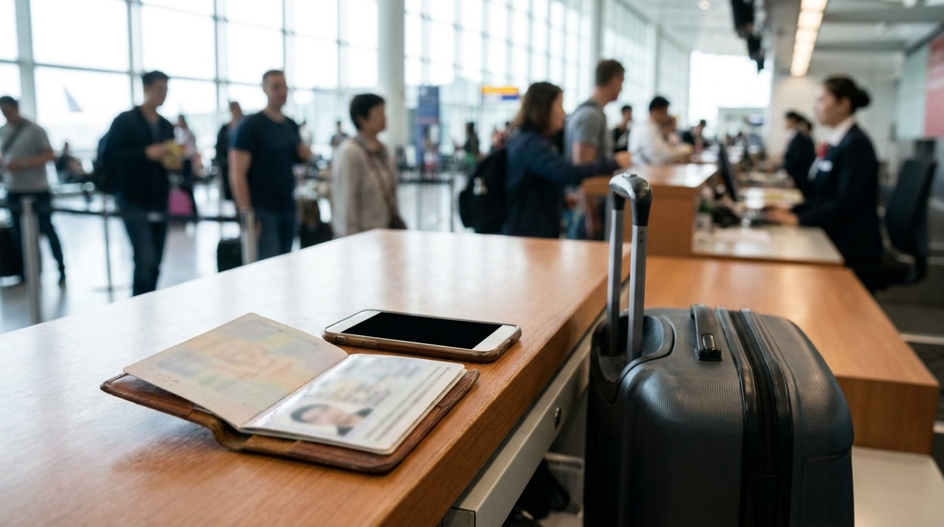 Passenger passport and smartphone placed beside carry-on luggage at an airport check-in counter
