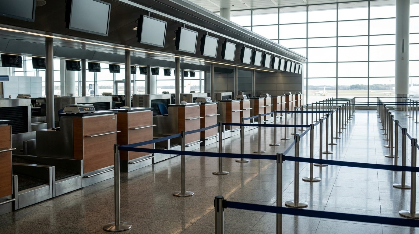 Empty international airport check-in counters with baggage scales and queue barriers