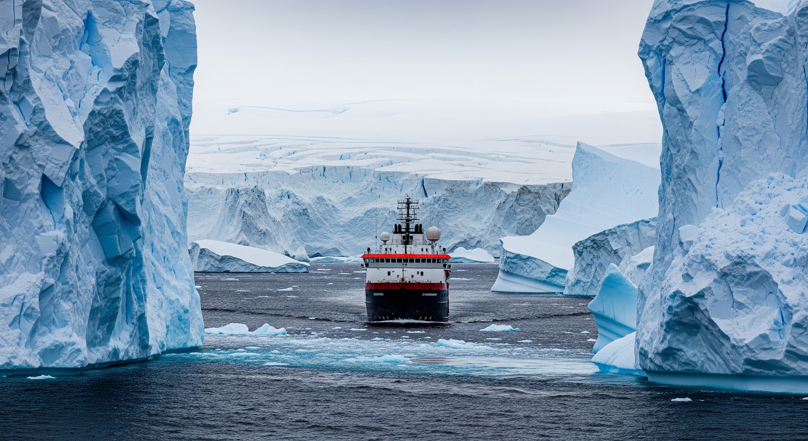 Le Commandant Charcot at sea framed by Antarctic ice, showing expedition ship and icy landscape