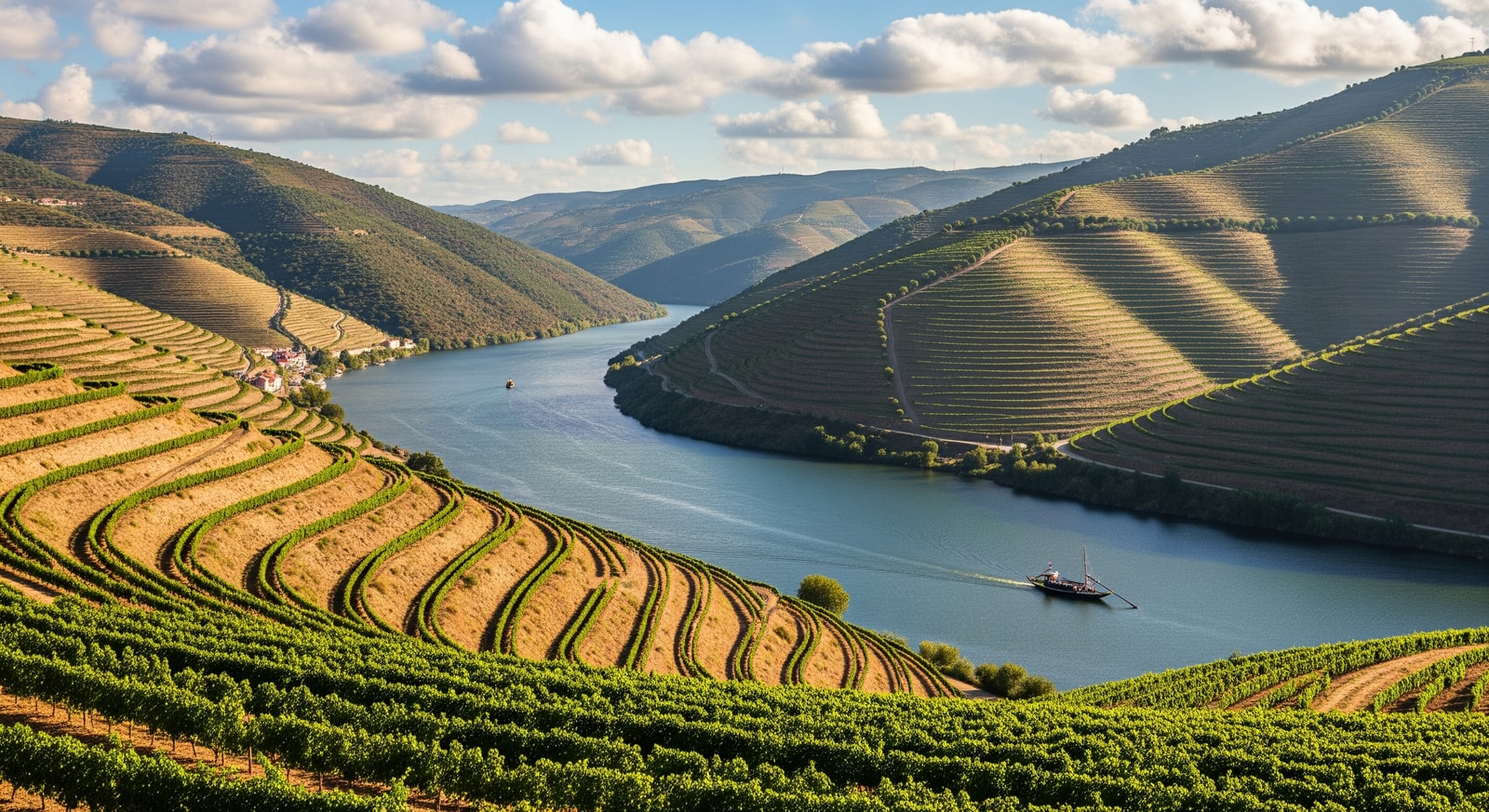 A scenic view of terraced vineyards in the Douro Valley, illustrating Portugal's wine tourism appeal