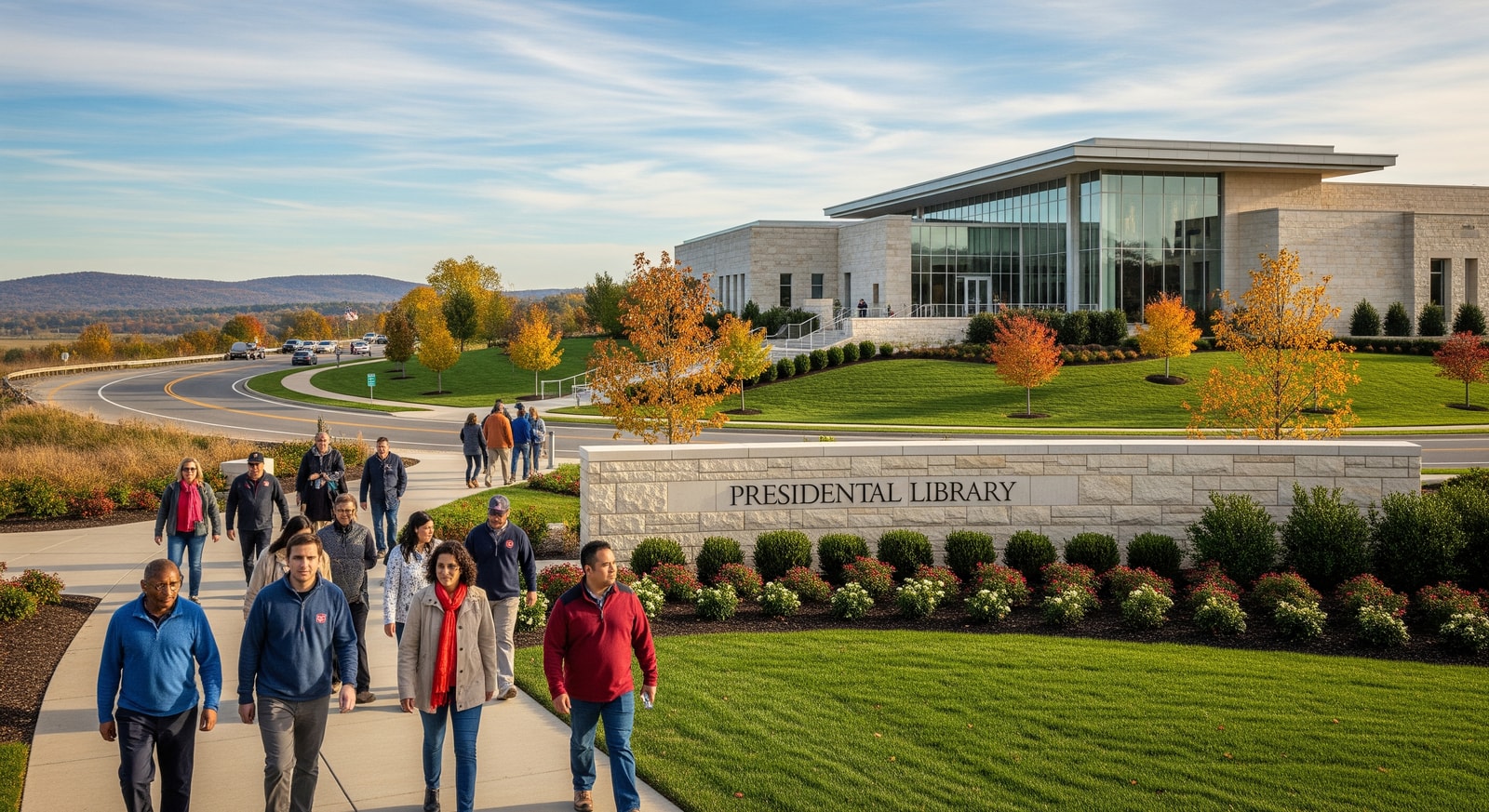 Tourists visiting a presidential library with signage and landscaped grounds along a scenic drive