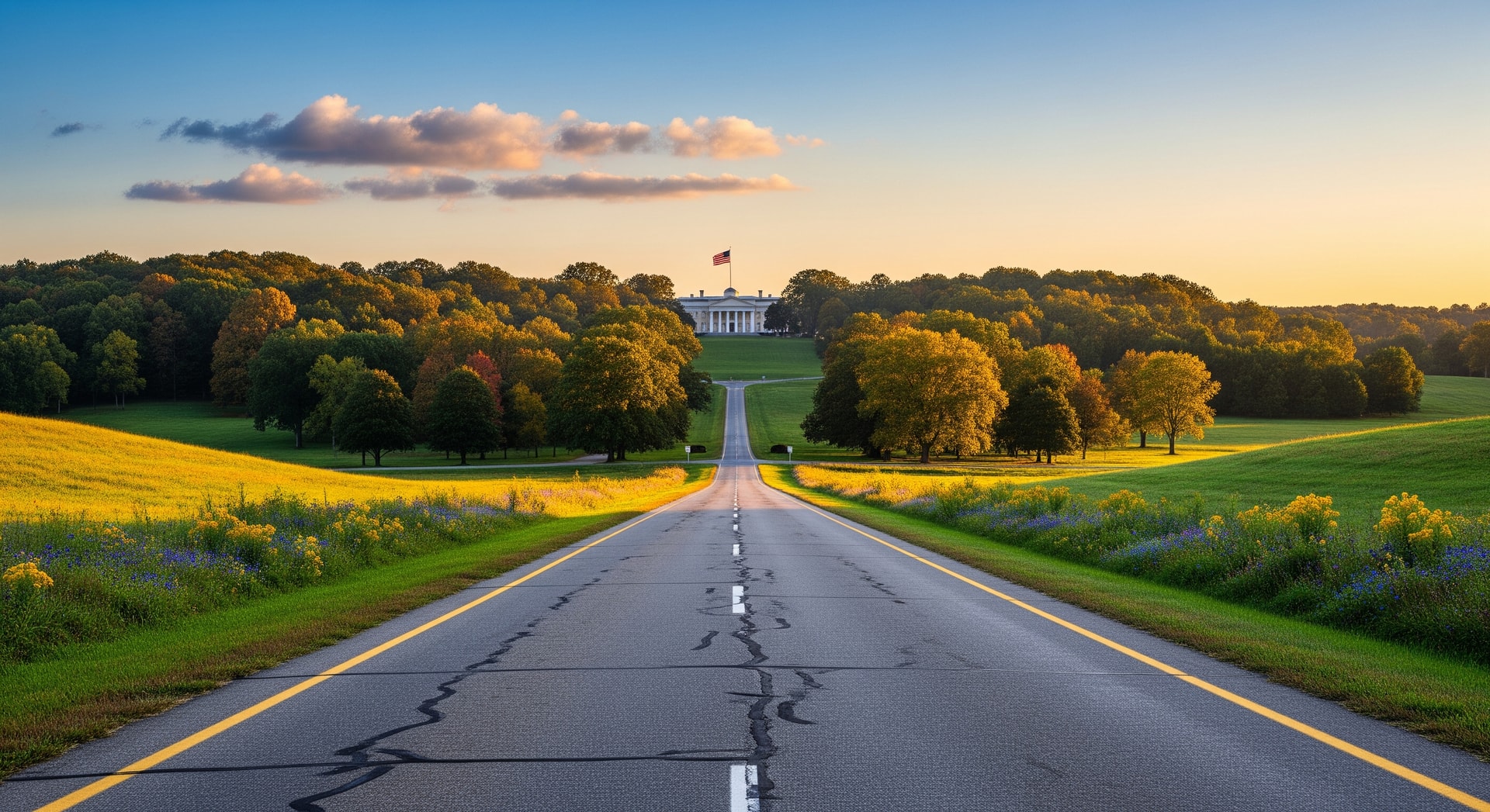 Road stretching toward a U.S. presidential historic site with scenic landscapes