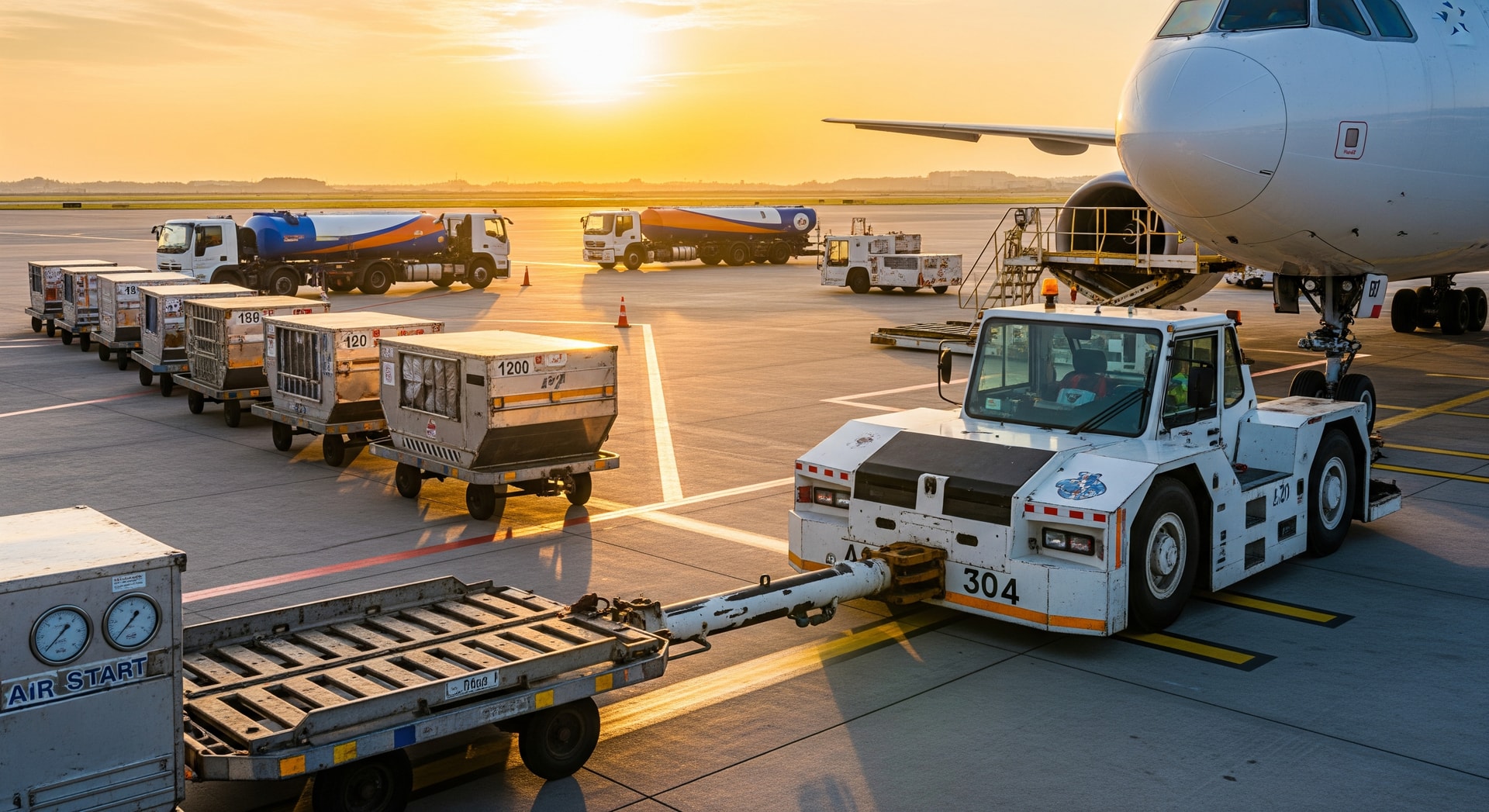 Ground handling operations with baggage carts and service vehicles at a busy airport apron