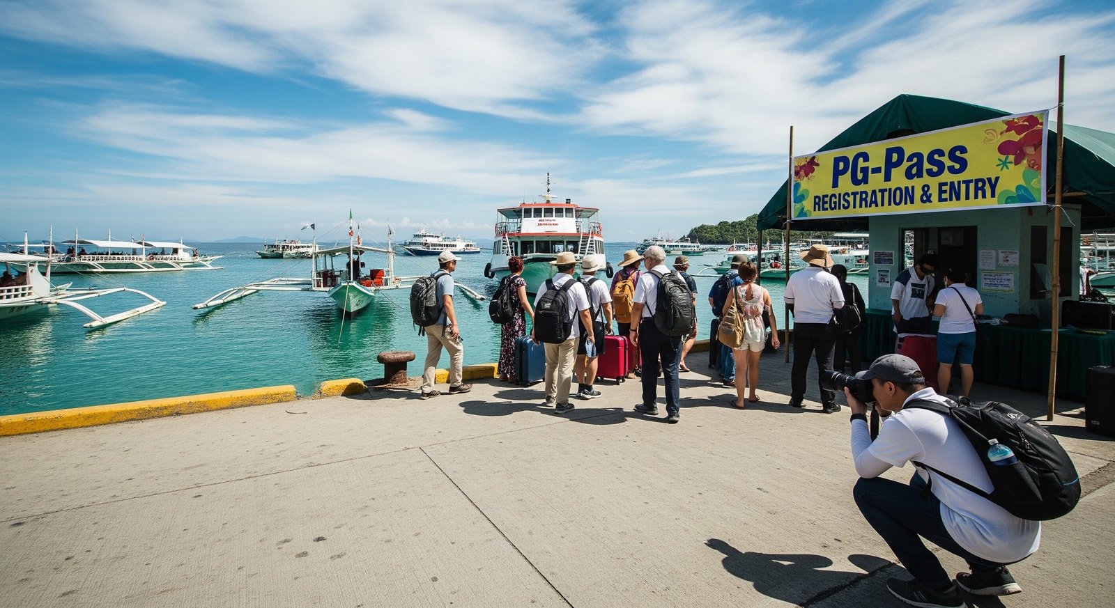 Tourists arriving at Puerto Galera port where PG-Pass registration and entry will be managed