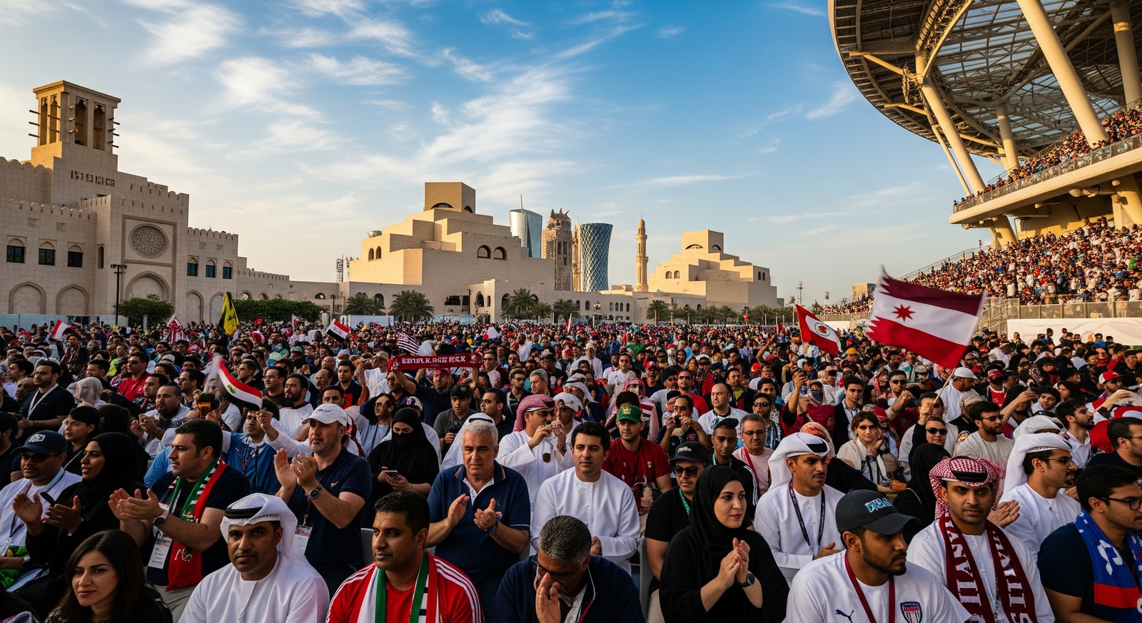 Crowds at a sporting event in Doha with cultural venues nearby, illustrating Qatar tourism's events strategy