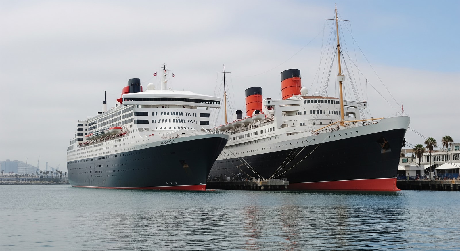 Queen Mary 2 and the retired Queen Mary moored at Long Beach waterfront, showcasing Cunard heritage