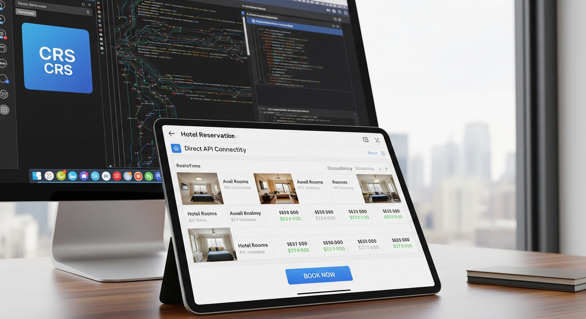 Hotel reservation interface illustrating direct API connectivity between a hotel CRS and a travel platform