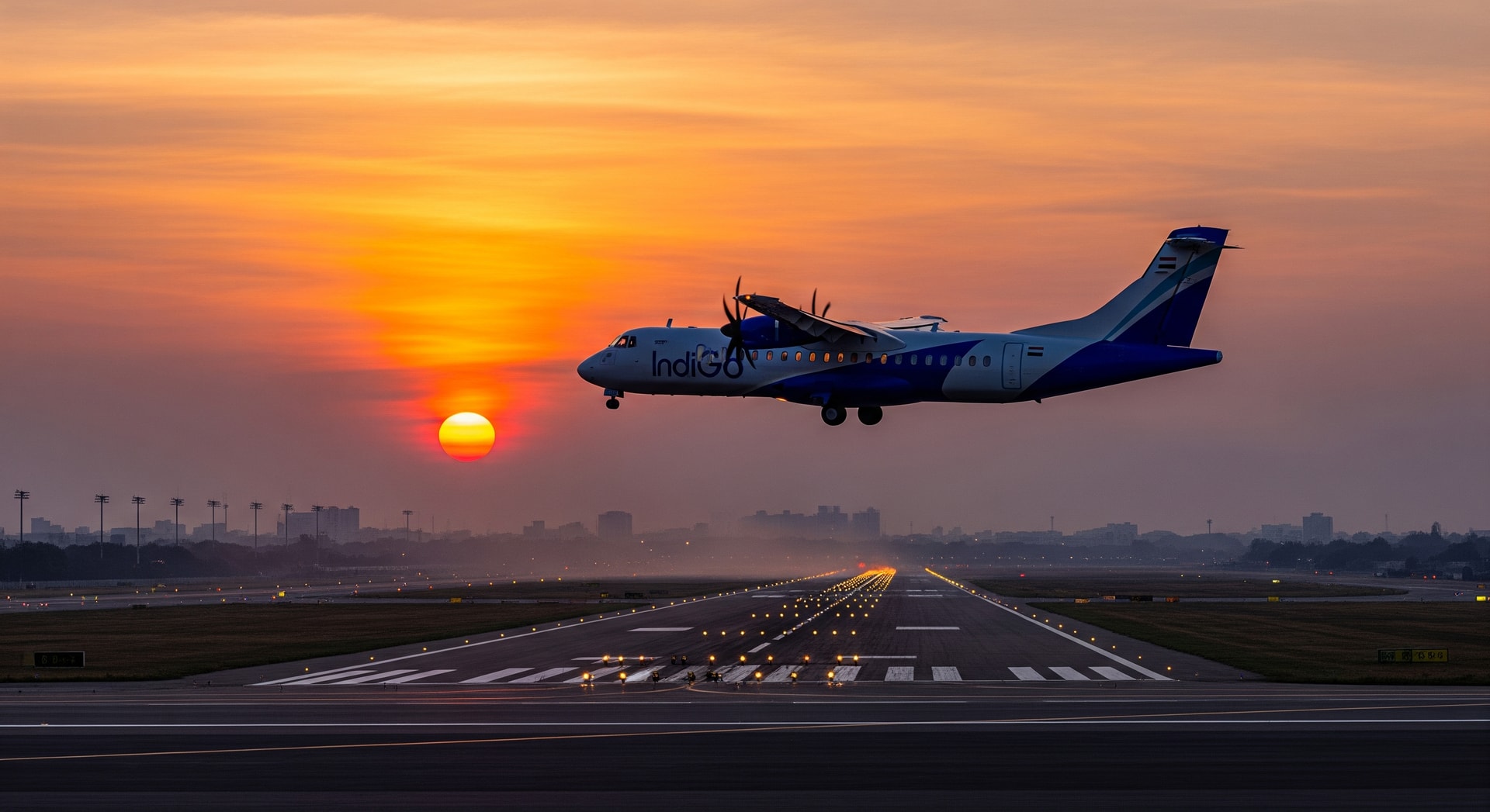 IndiGo ATR turboprop approaching an airport runway at sunset