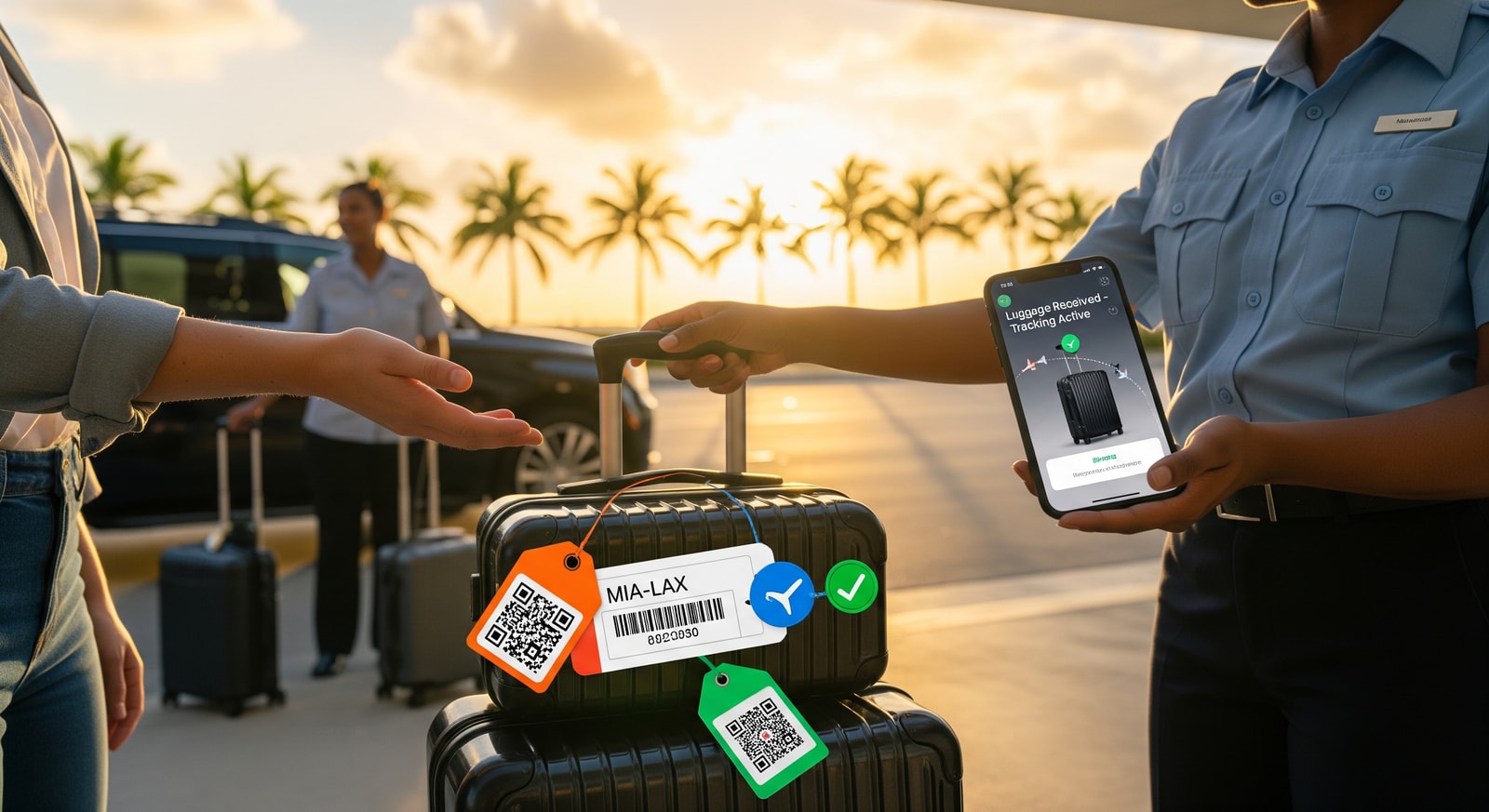 reclaim staff handing luggage to an airport representative at a Miami curbside pickup, showing tracking tags and mobile notifications