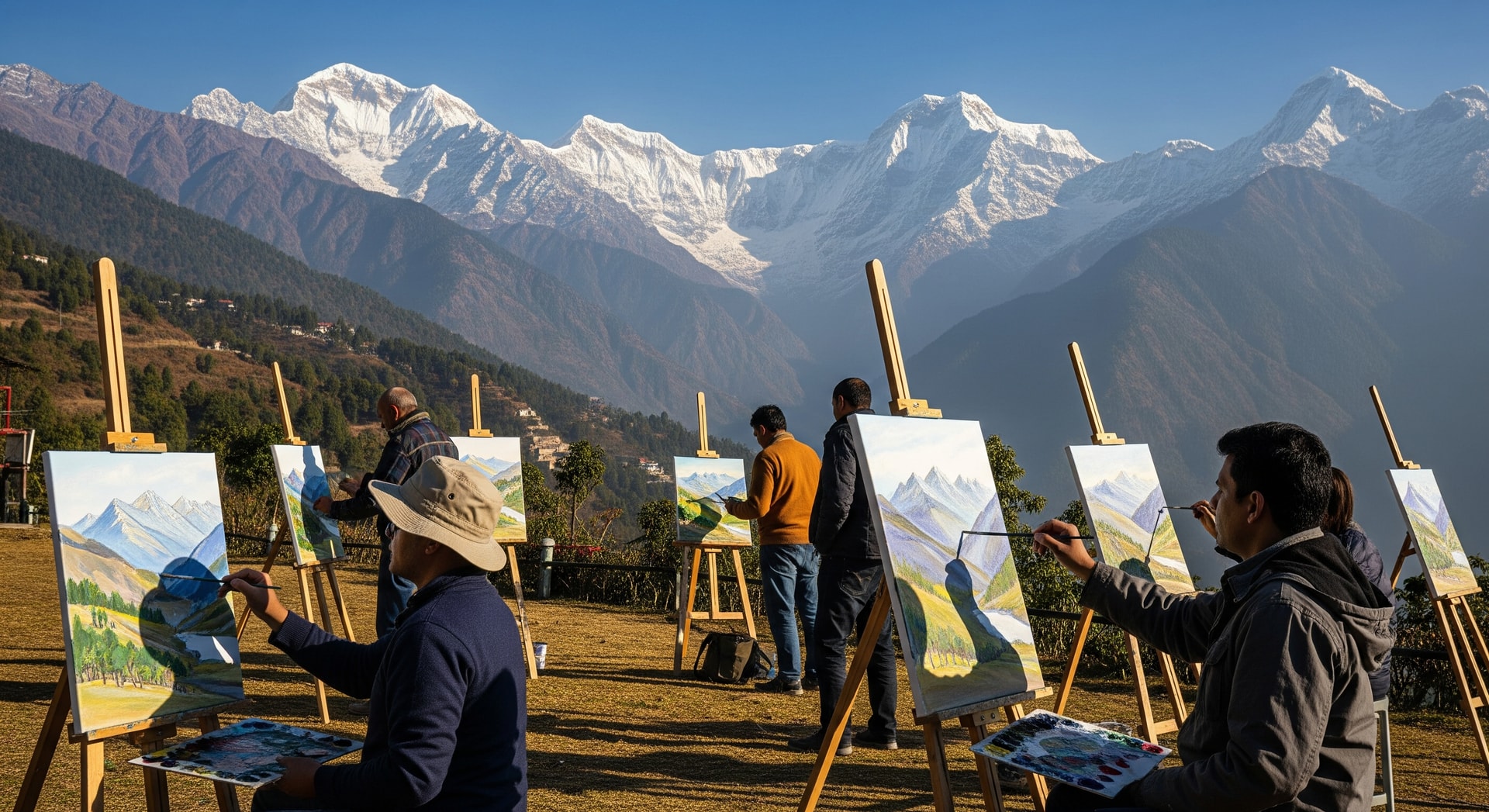 Artists working outdoors at jüSTa Mukteshwar with Himalayan peaks in the background