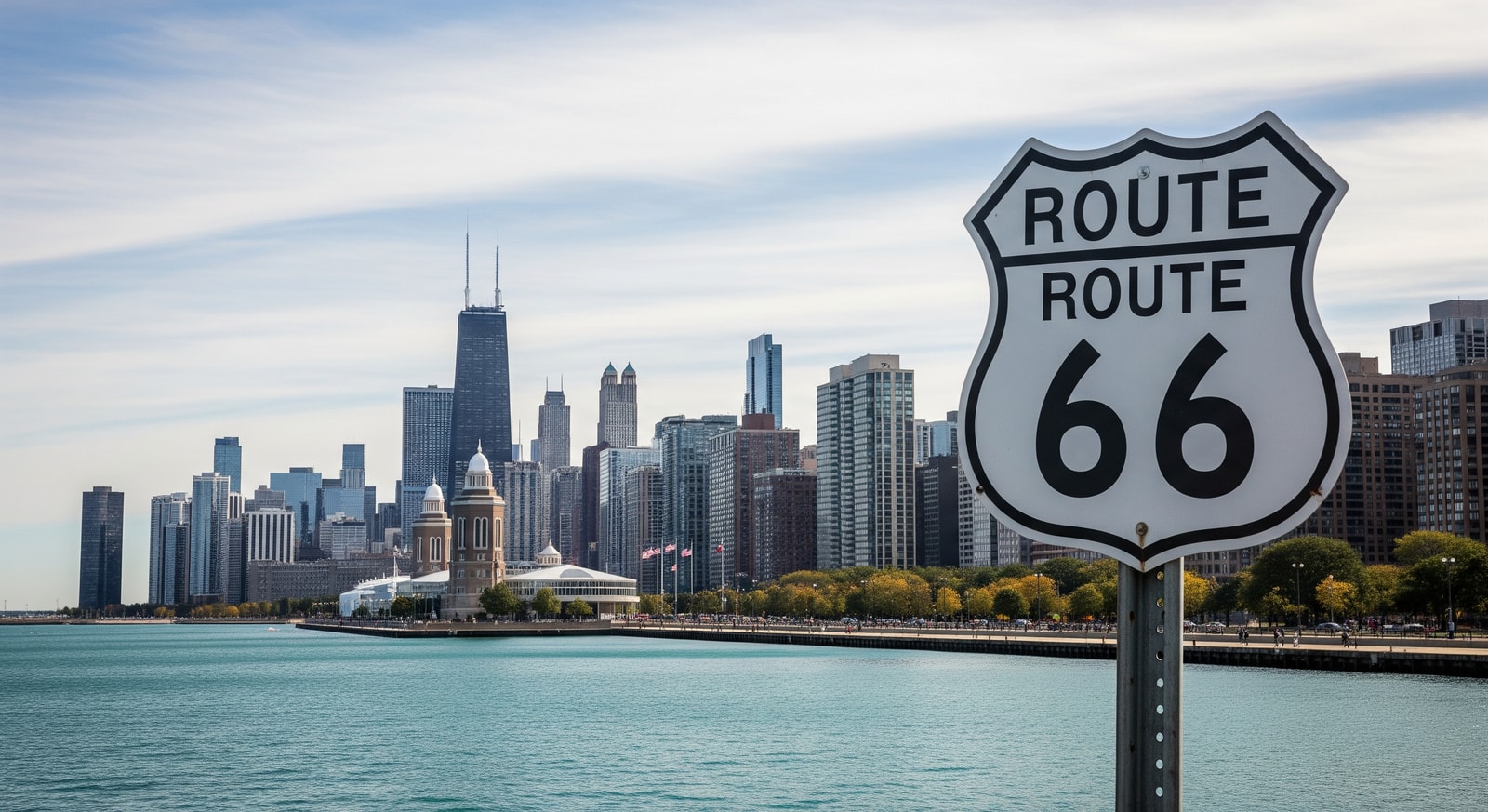 Navy Pier with Lake Michigan and concept Route 66 sign, showing Chicago waterfront