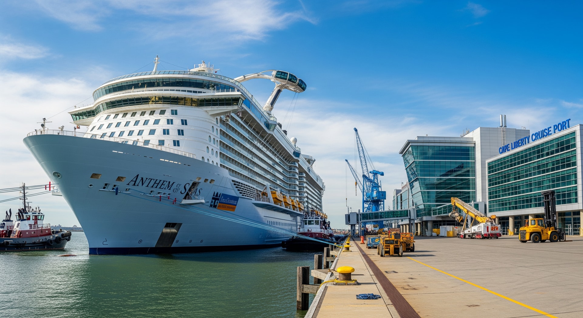 A large Royal Caribbean cruise ship docked at a port terminal