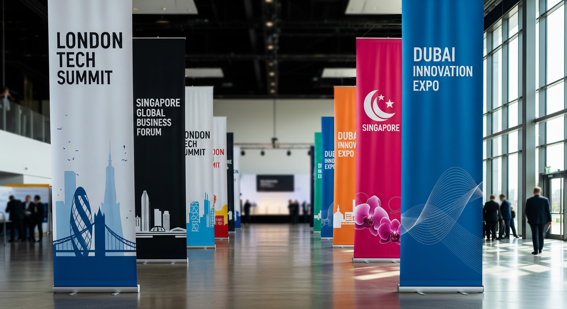 Conference hall with global branding banners representing international events in London, Singapore and Dubai