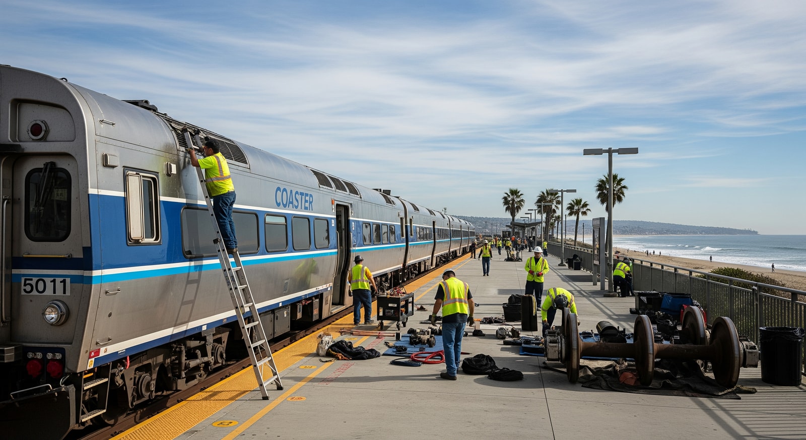 COASTER train at a coastal San Diego station during maintenance work
