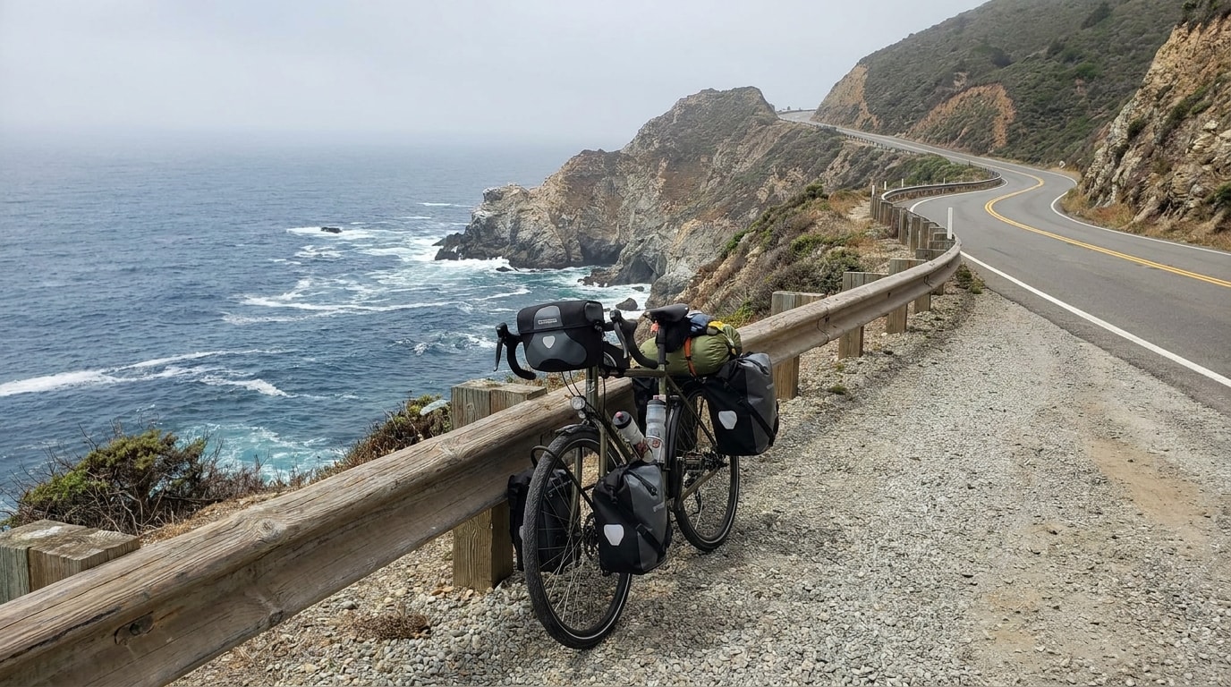 A touring bicycle parked beside a scenic road overlooking coastal cliffs and ocean water