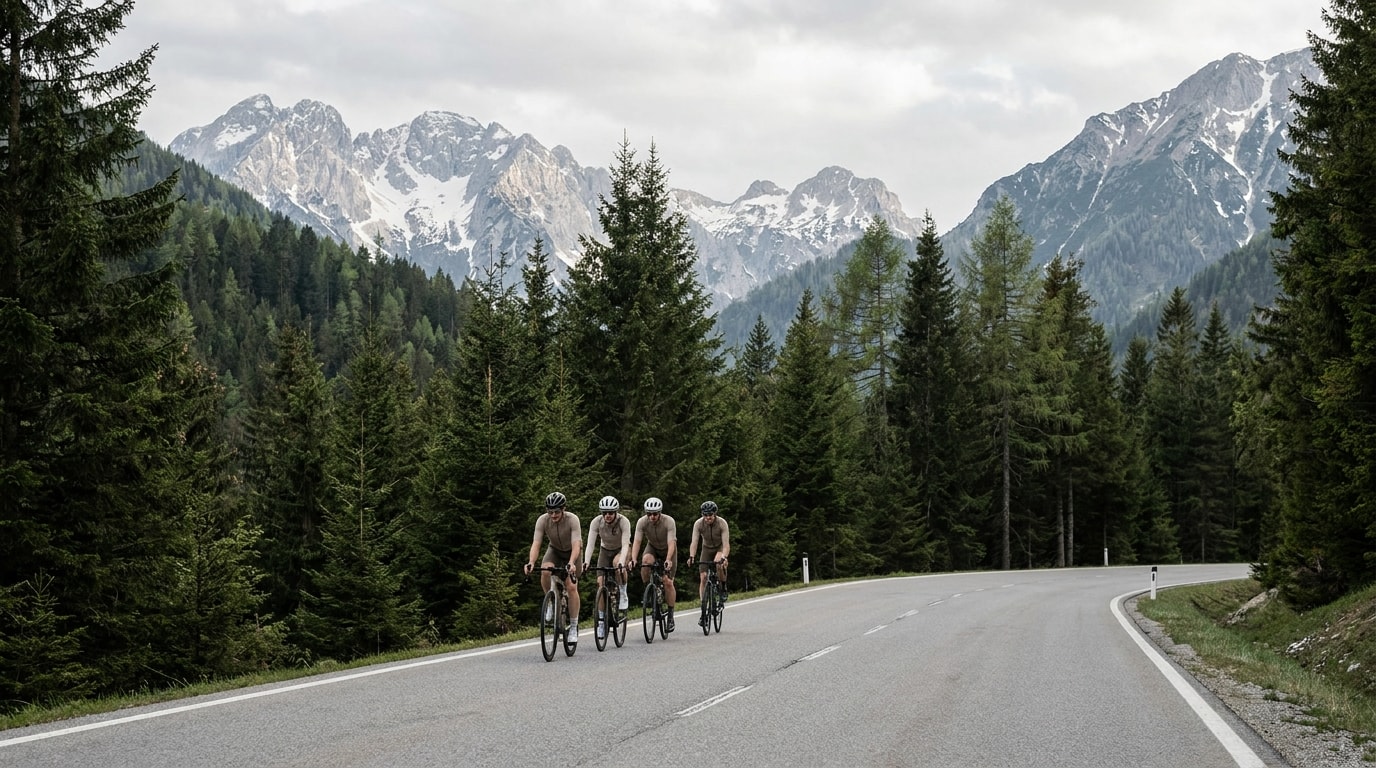 Cyclists riding along a quiet mountain road with forest and snow-capped peaks in the distance
