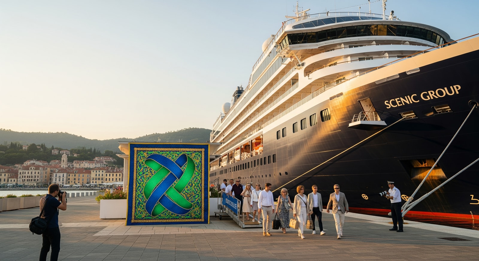 Scenic Group luxury cruise ship docked at a port symbolising Scenic & Emerald Rewards loyalty benefits