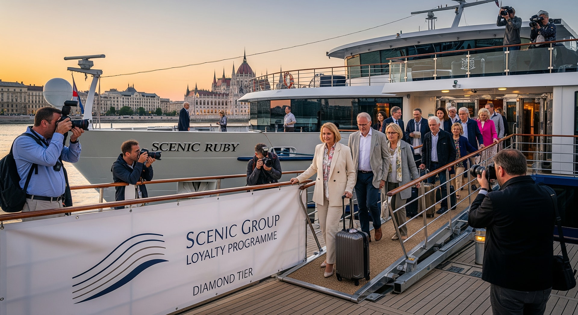 Passengers boarding a luxury river cruise ship representing Scenic Group loyalty programme